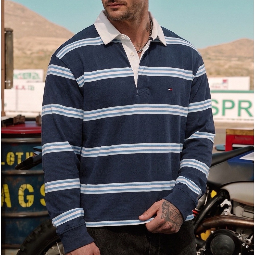 Tommy Hilfiger Striped Rugby Polo Shirt Men's XL Long Sleeves